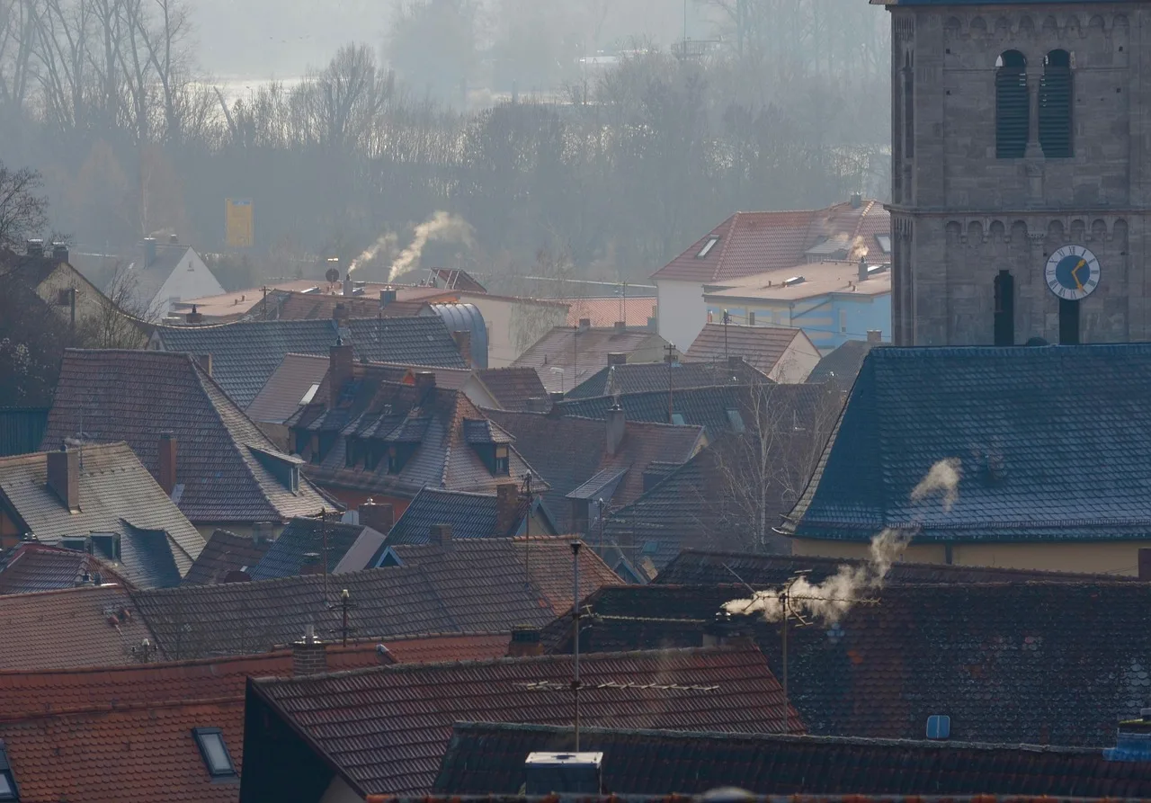 village, roofs, chimney, architecture, winter, cold, haze, chimneys, smoke. Markets where a chimney sweep business thrives