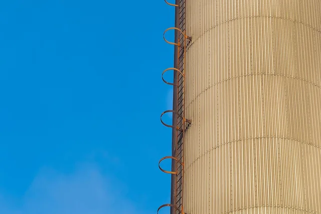 architecture, chimney, building, high, ladder, stairs, factory, industry, no fear of heights, heaven, facade, blue sky, upwards, dusseldorf. Chimney sweep staff training and onboarding