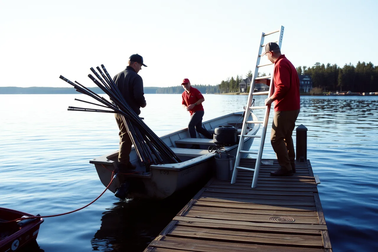 Crew unloading chimney sweep gear from boat at island dock (How cottage country changes chimney work in Muskoka and the Laurentians)