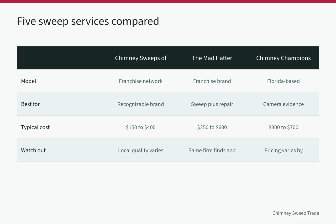 Comparison table of three chimney sweep franchises with models, best-fit buyers, costs, cautions (An honest review of chimney sweep services)