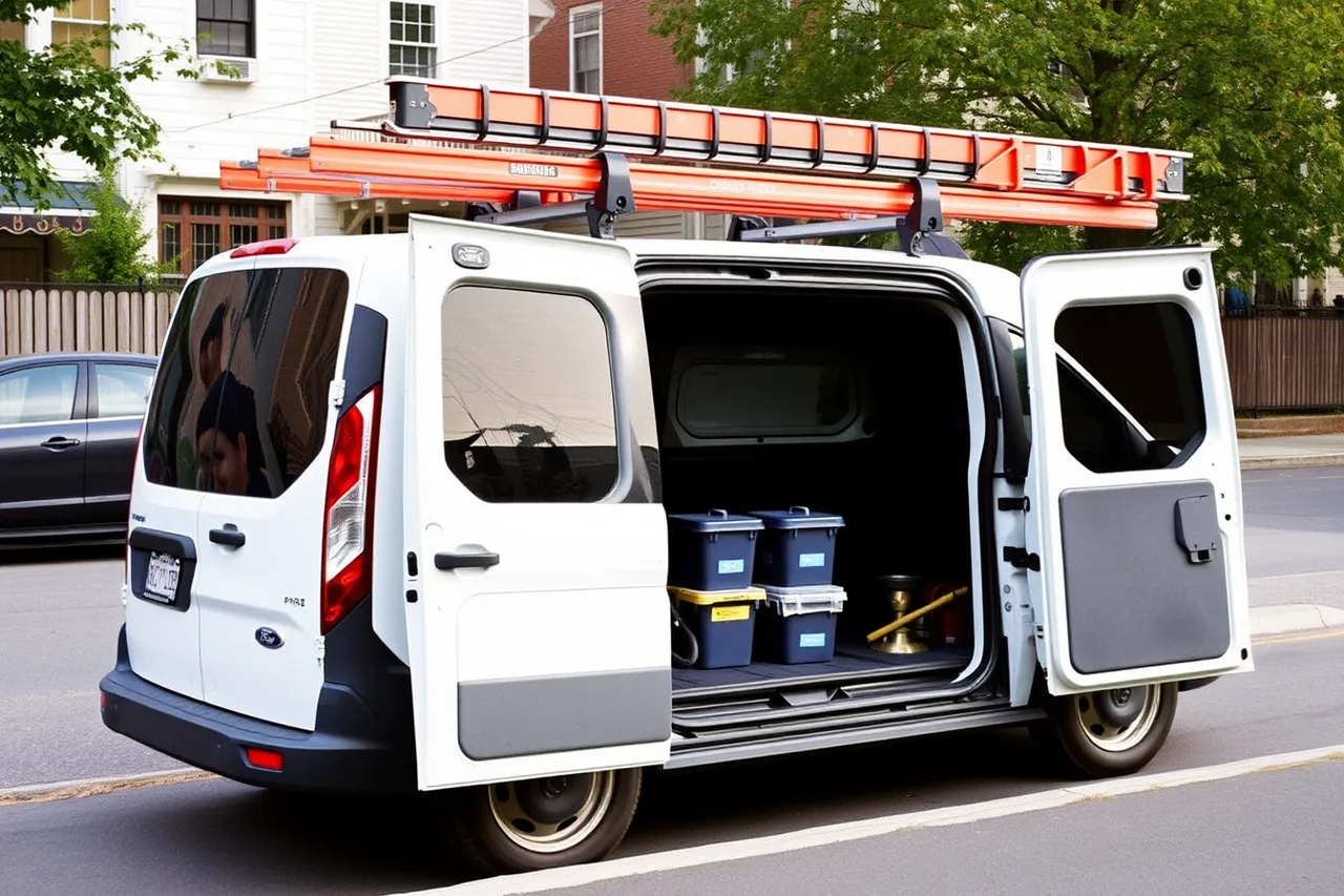Compact chimney sweep van with roof ladder and sealed bins (Chimney Sweep Van Setup: Compact Van vs Full-Size)