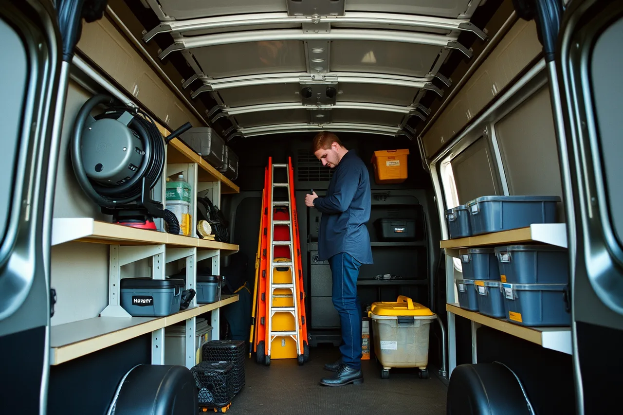 High-roof full-size van shelving with rotary system and HEPA vacuum (Chimney Sweep Van Setup: Compact Van vs Full-Size)