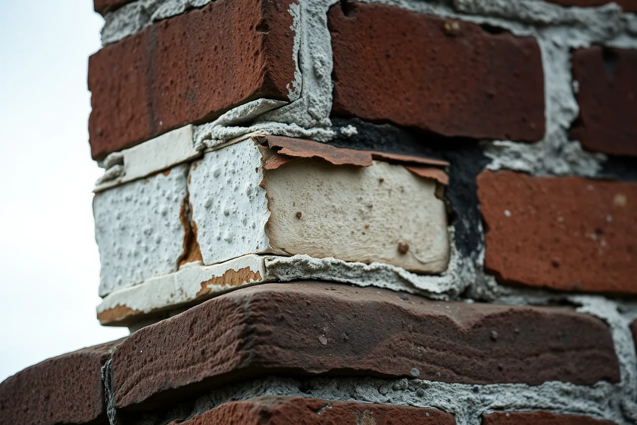 Spalling brick and crumbling mortar on a damp chimney stack (Halifax chimney sweeping and the Atlantic damp climate)