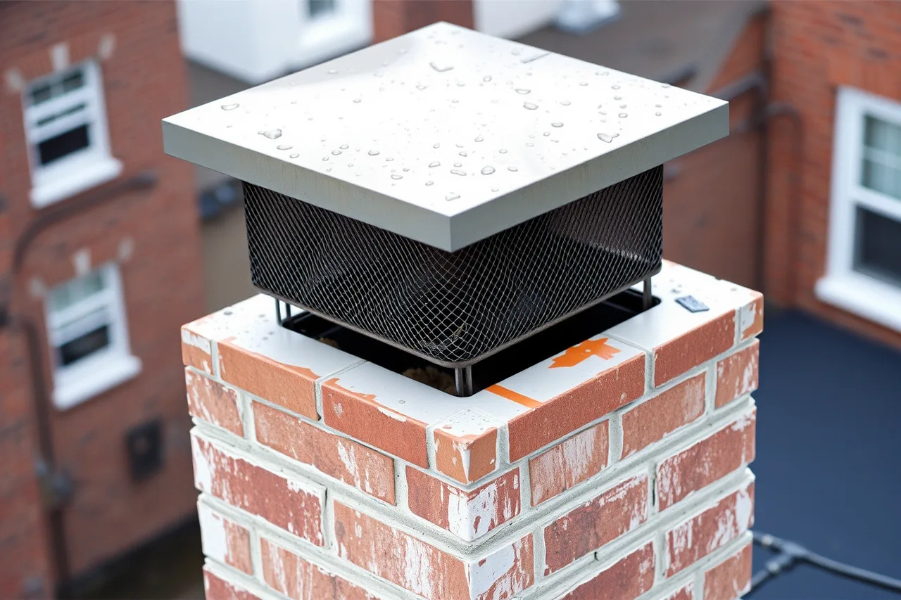 Stainless steel chimney cap with mesh fitted on a brick stack (Halifax chimney sweeping and the Atlantic damp climate)