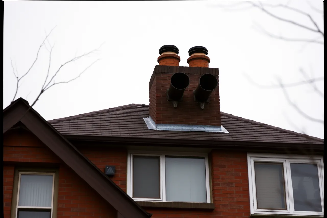 Shared masonry chimney with two flue connections on semi-detached roof (Toronto chimney sweeping under Toronto Fire Services rules)