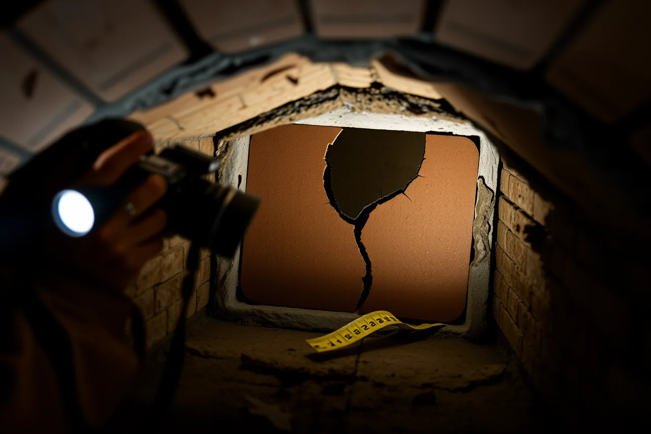 Sweep photographing cracked flue tile with tape measure (Toronto chimney sweeping under Toronto Fire Services rules)